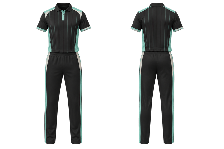 Front and back view of obsidian black wide modern pinstripe field cricket t20 or odi kit
