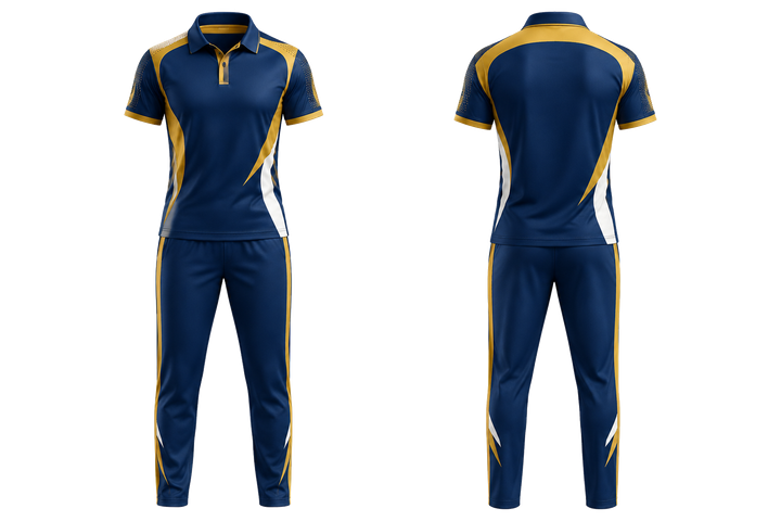 Front and back view of marine blue asymmetric speed panel sweep cricket women's or academy cricket kit