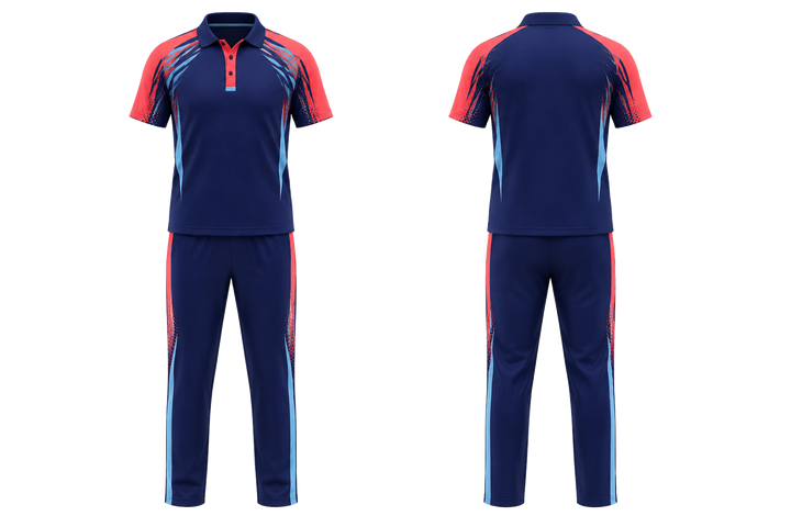 Front and back view of indigo bold sleeve to side bridge cricket women's or academy cricket kit