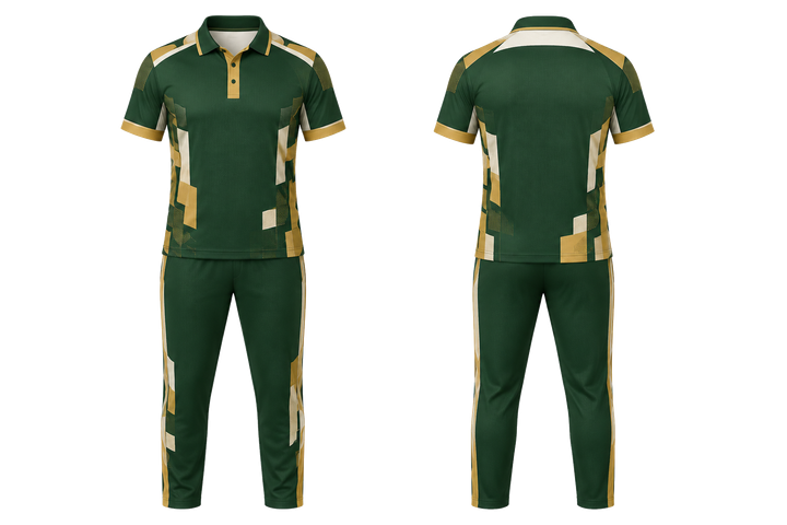 Front and back view of forest green modular block mosaic cricket women's or academy cricket kit