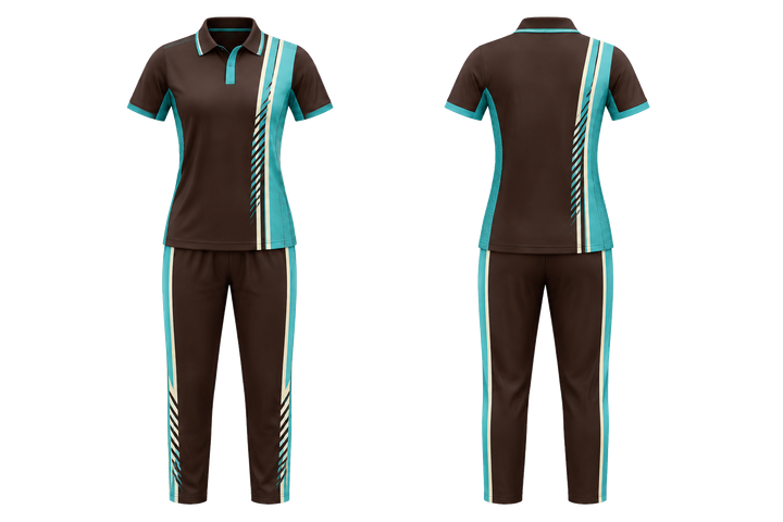 Front and back view of dark chocolate offset vertical race stripe cricket women's or academy cricket kit