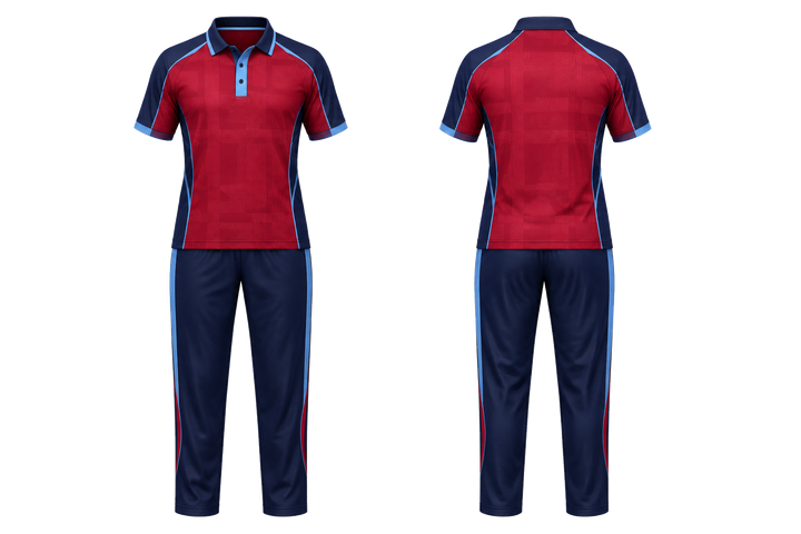 Front and back view of deep red oversized tonal grid cricket women's or academy cricket kit