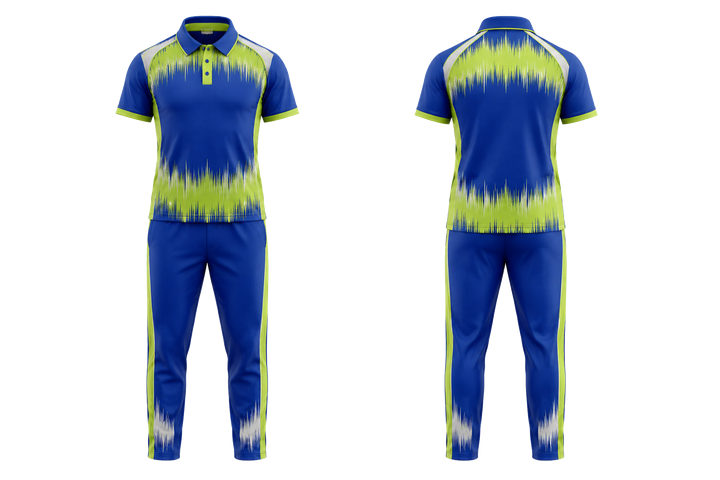 Front and back view of royal blue tonal soundwave rhythm cricket women's or academy cricket kit