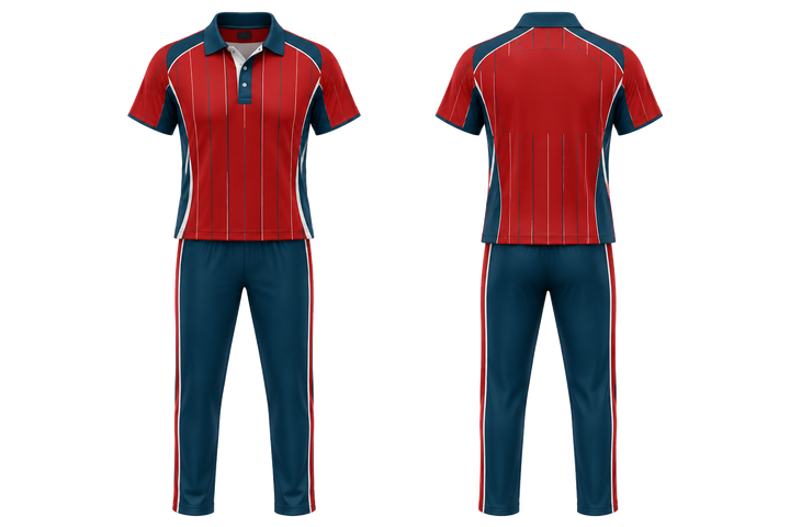 Front and back view of club red wide modern pinstripe field cricket women's or academy cricket kit