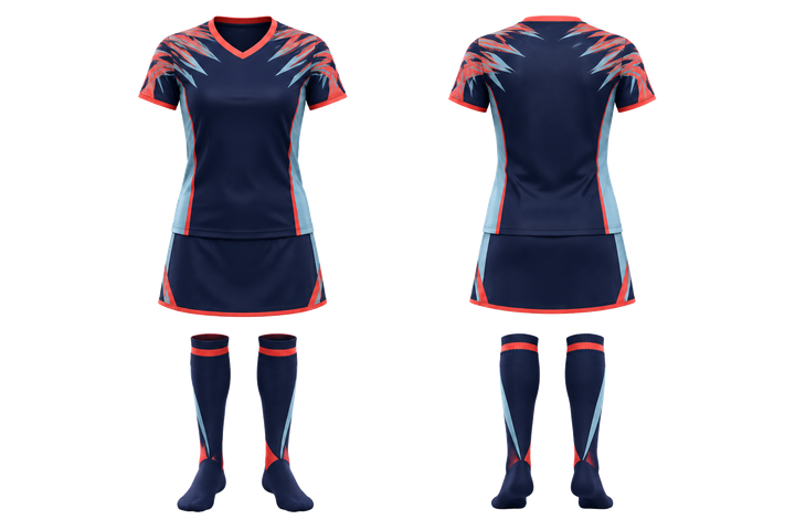 Front and back view of indigo angular shoulder burst field hockey field match uniform