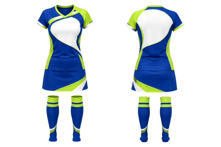 Front and back view of royal blue asymmetric speed panel sweep field hockey field match uniform