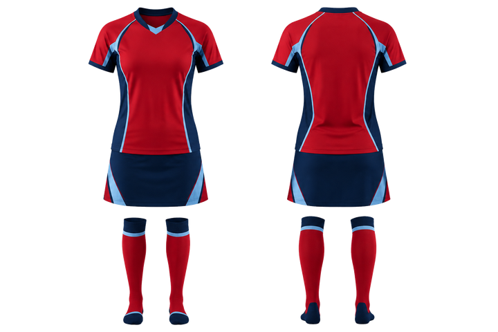 Front and back view of deep red bold sleeve to side bridge field hockey field match uniform