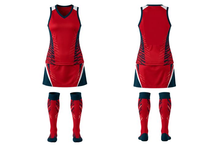 Front and back view of club red compressed gradient illusion made only from flat bands field hockey field match uniform