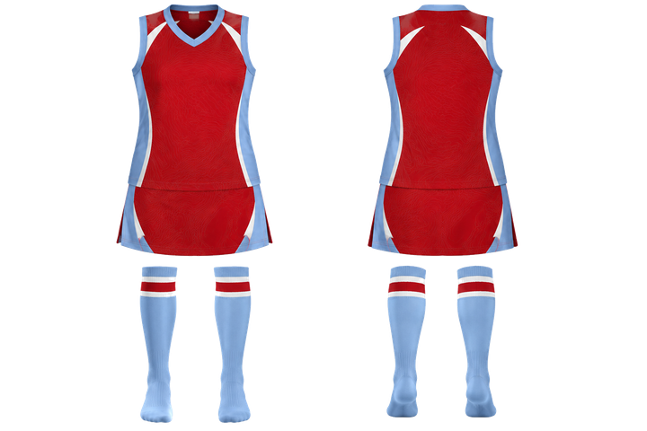 Front and back view of brick red contained topographic contour field field hockey field match uniform
