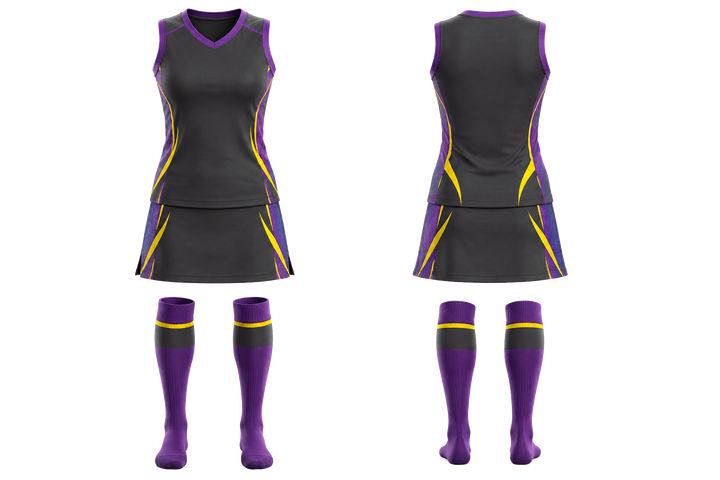 Front and back view of charcoal curved body mapped side flow field hockey field match uniform
