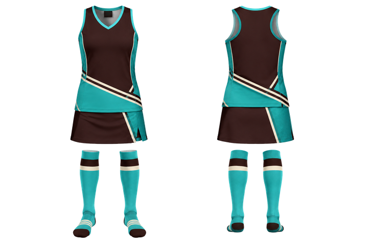 Front and back view of dark chocolate diagonal court line architecture field hockey field match uniform