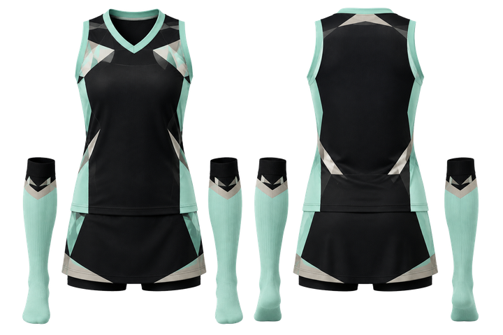 Front and back view of obsidian black faceted shield geometry field hockey field match uniform