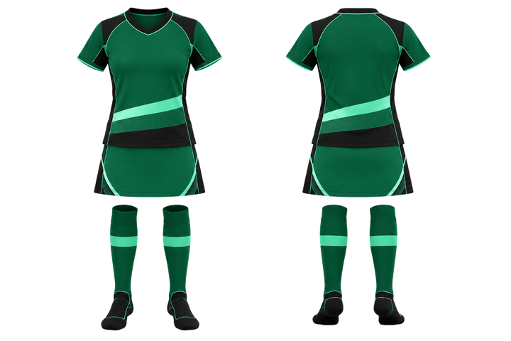 Front and back view of emerald layered horizon bands field hockey field match uniform