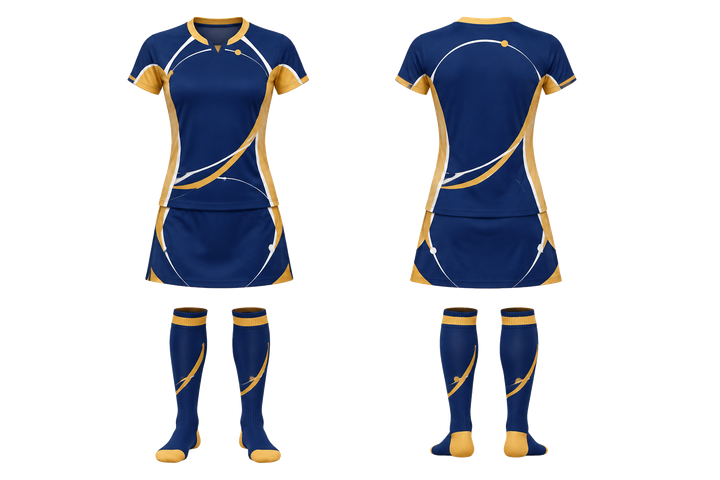Front and back view of marine blue minimal arch and orbit geometry field hockey field match uniform