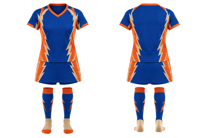 Front and back view of cobalt negative space lightning channel field hockey field match uniform