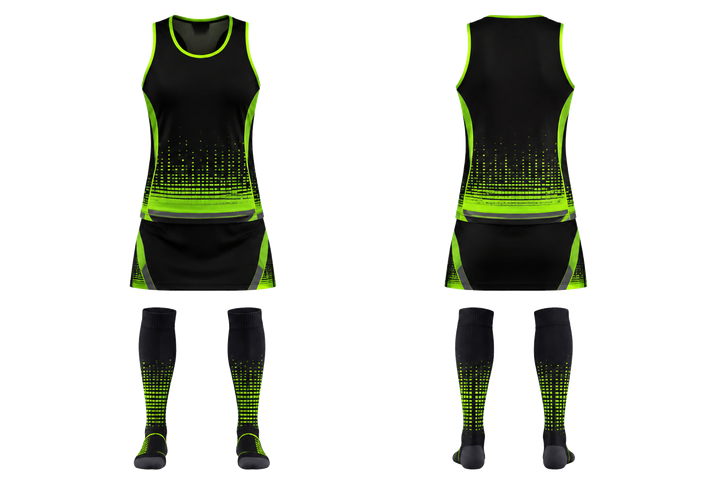 Front and back view of black pixel to panel fade built from flat bands field hockey field match uniform