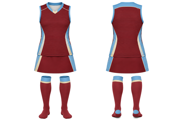Front and back view of deep maroon retro micro stripe with modern panel breaks field hockey field match uniform