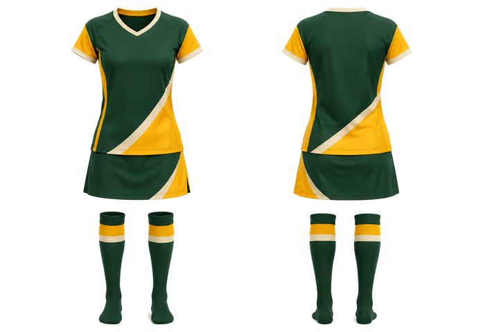 Front and back view of bottle green split sash geometry field hockey field match uniform