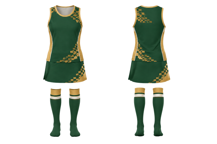 Front and back view of forest green stepped chequer field with original spacing field hockey field match uniform