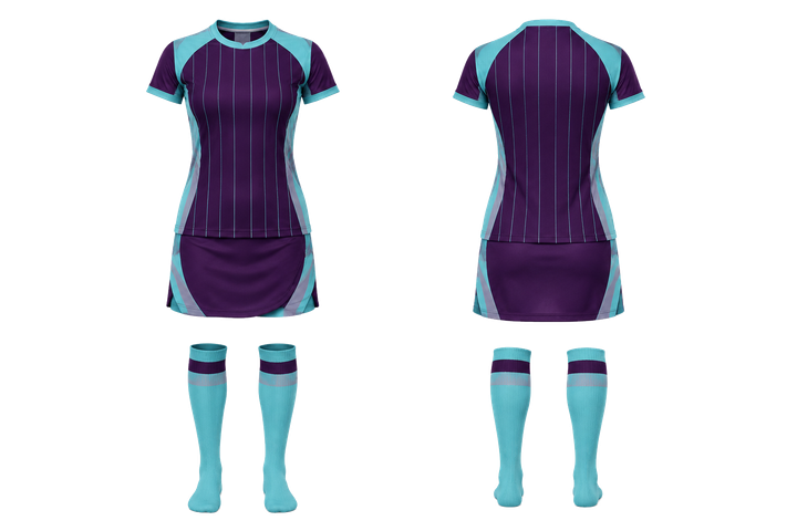Front and back view of plum wide modern pinstripe field field hockey field match uniform