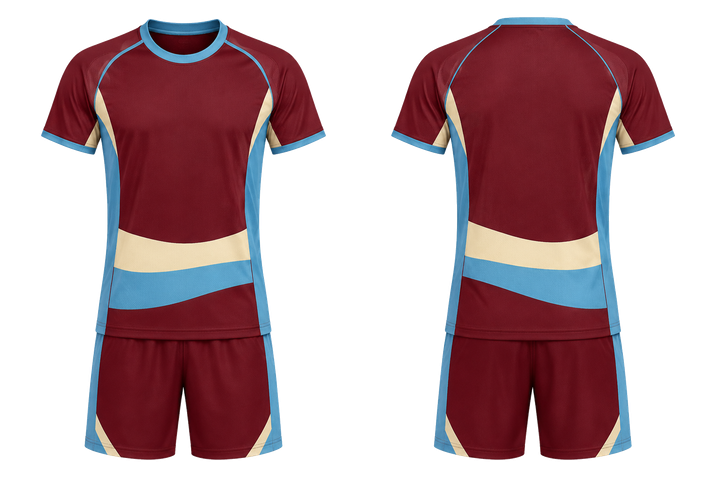 Front and back view of deep maroon layered horizon bands field hockey field training set