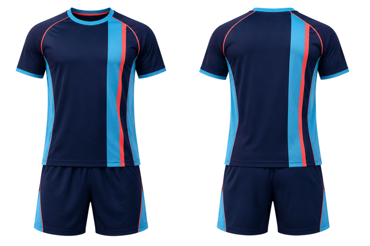 Front and back view of midnight navy offset vertical race stripe field hockey field training set