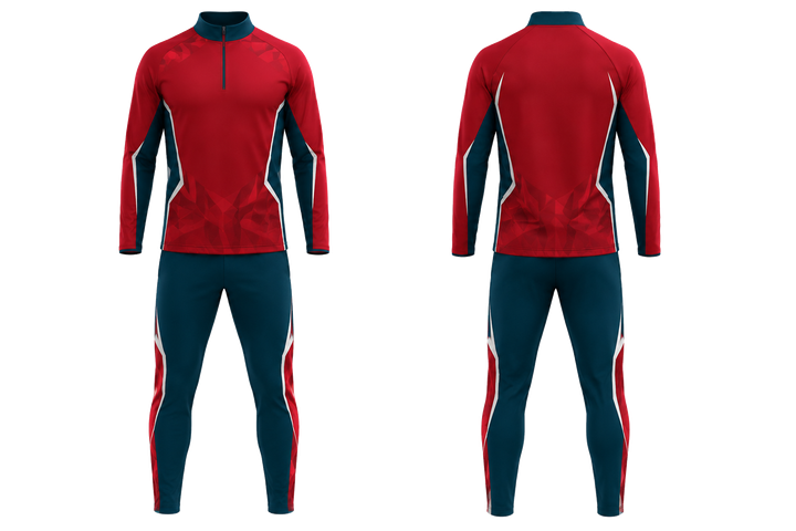 Front and back view of club red faceted shield geometry field hockey field warm up set