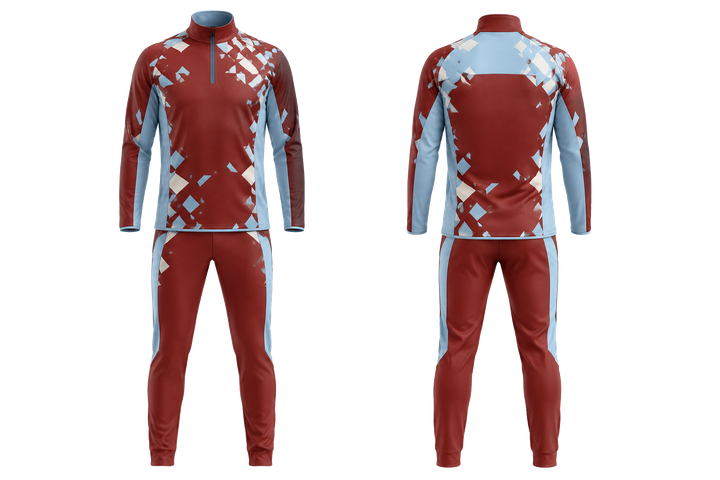 Front and back view of brick red fractured diamond field field hockey field warm up set