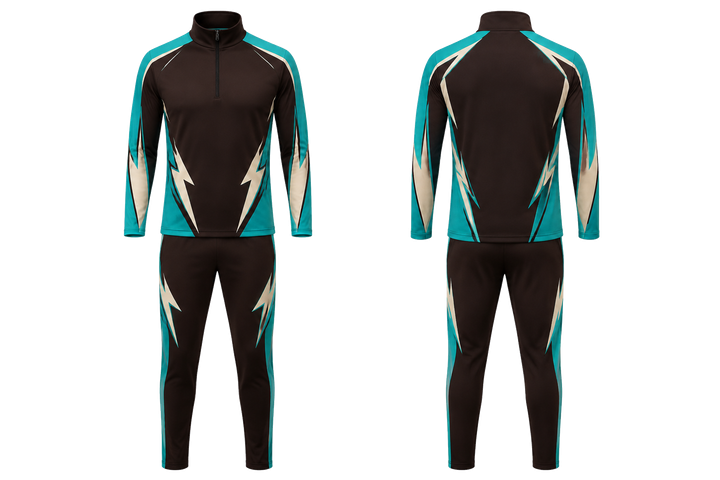 Front and back view of dark chocolate negative space lightning channel field hockey field warm up set