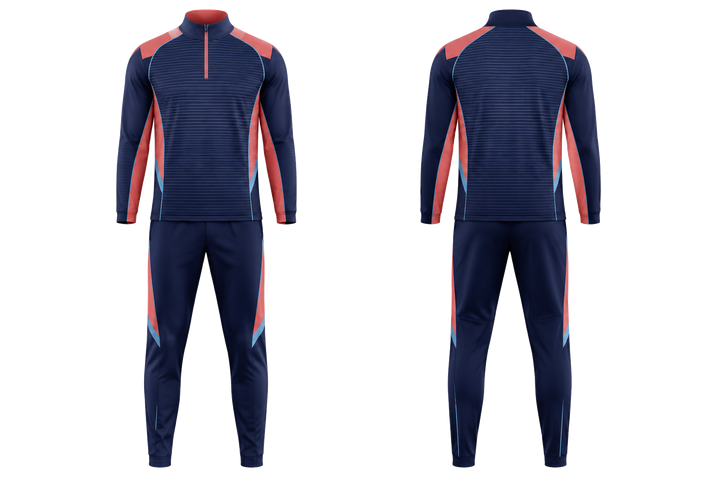 Front and back view of indigo retro micro stripe with modern panel breaks field hockey field warm up set