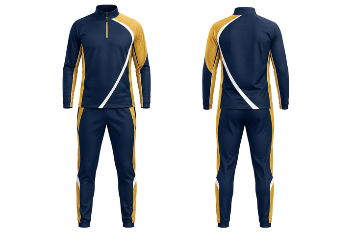 Front and back view of marine blue split sash geometry field hockey field warm up set