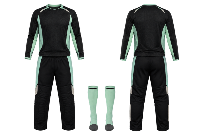 Front and back view of obsidian black low contrast ripple map field hockey goalkeeper or alternate field kit