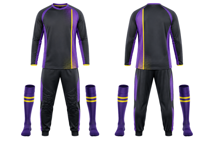Front and back view of charcoal offset vertical race stripe field hockey goalkeeper or alternate field kit