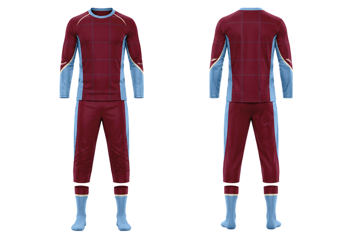 Front and back view of deep maroon oversized tonal grid field hockey goalkeeper or alternate field kit