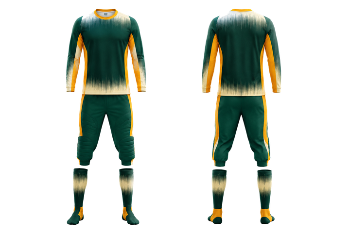 Front and back view of bottle green tonal soundwave rhythm field hockey goalkeeper or alternate field kit