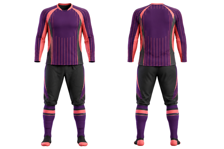 Front and back view of purple wide modern pinstripe field field hockey goalkeeper or alternate field kit