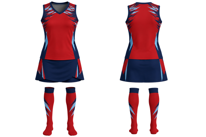 Front and back view of deep red angular shoulder burst field hockey women's or youth field uniform