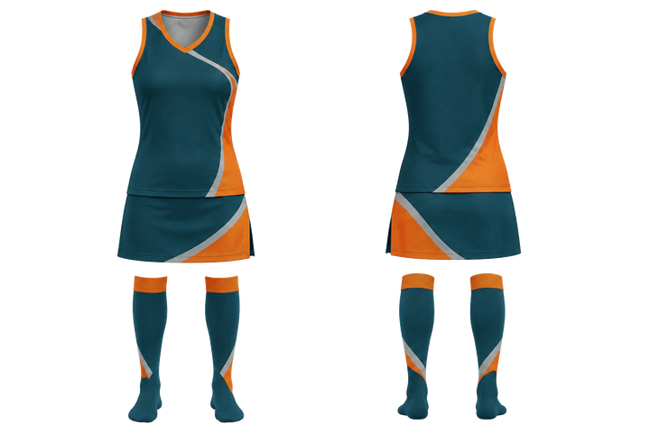 Front and back view of petrol teal asymmetric speed panel sweep field hockey women's or youth field uniform