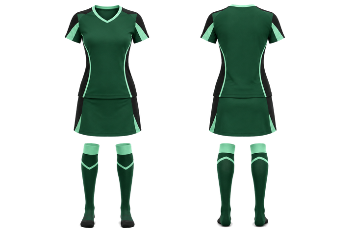 Front and back view of emerald bold sleeve to side bridge field hockey women's or youth field uniform