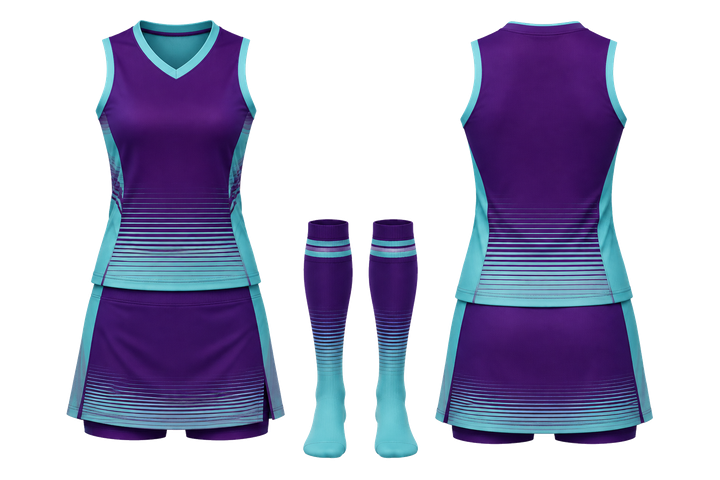 Front and back view of plum compressed gradient illusion made only from flat bands field hockey women's or youth field uniform
