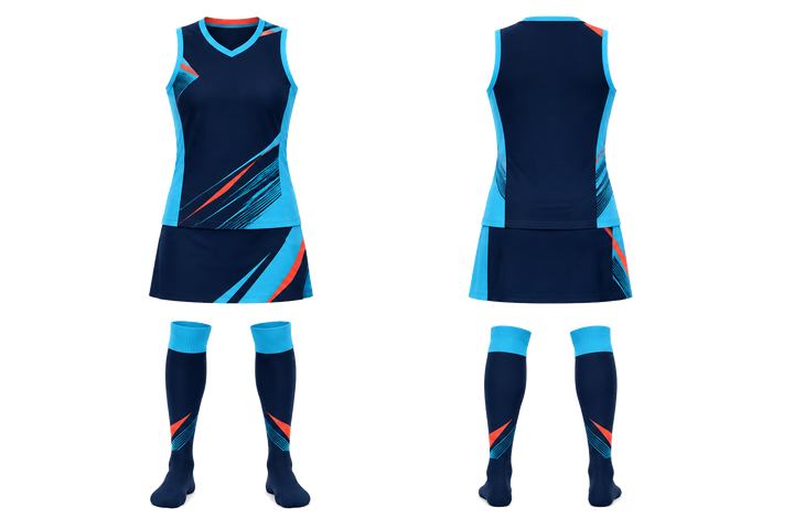 Front and back view of midnight navy diagonal court line architecture field hockey women's or youth field uniform