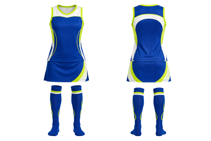 Front and back view of royal blue minimal arch and orbit geometry field hockey women's or youth field uniform