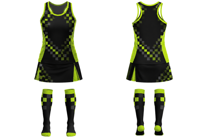 Front and back view of black stepped chequer field with original spacing field hockey women's or youth field uniform