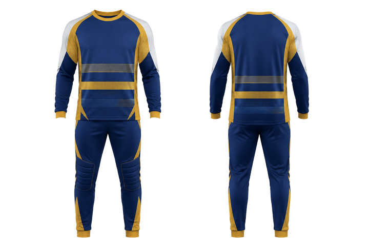 Front and back view of marine blue layered horizon bands handball goalkeeper or alternate uniform