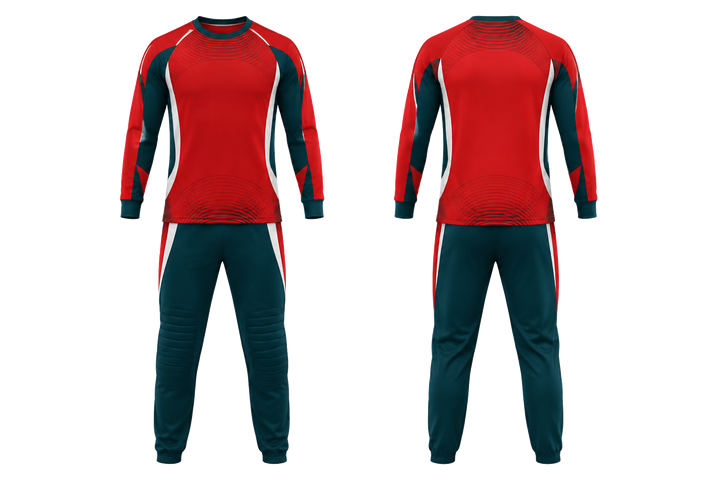 Front and back view of club red nested contour arcs handball goalkeeper or alternate uniform