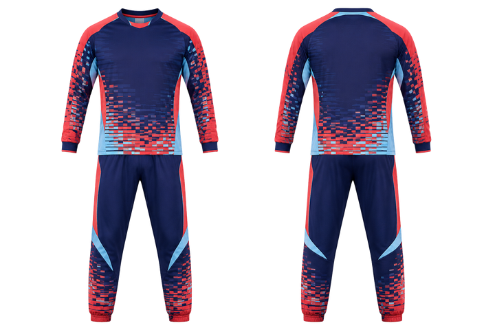 Front and back view of indigo pixel to panel fade built from flat bands handball goalkeeper or alternate uniform