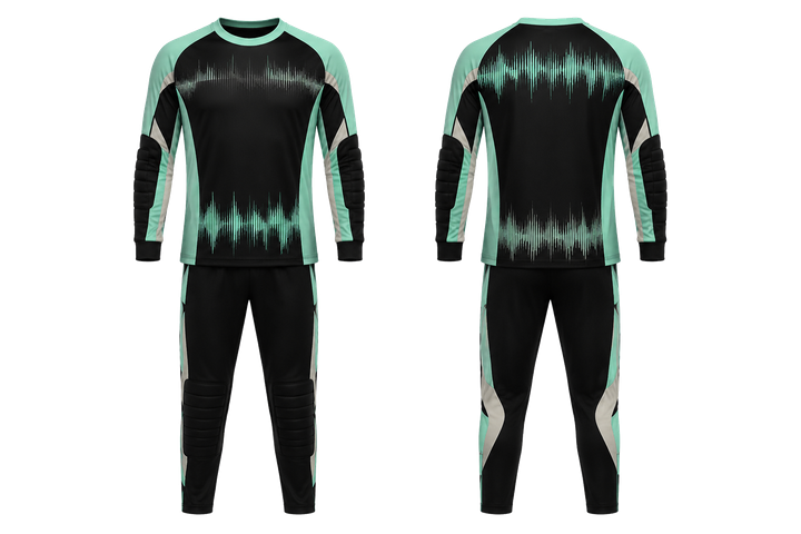Front and back view of obsidian black tonal soundwave rhythm handball goalkeeper or alternate uniform