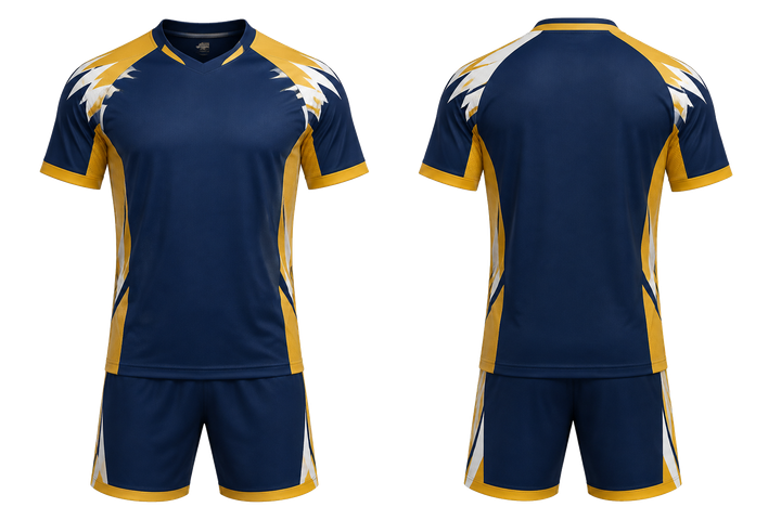 Front and back view of marine blue angular shoulder burst handball indoor match uniform