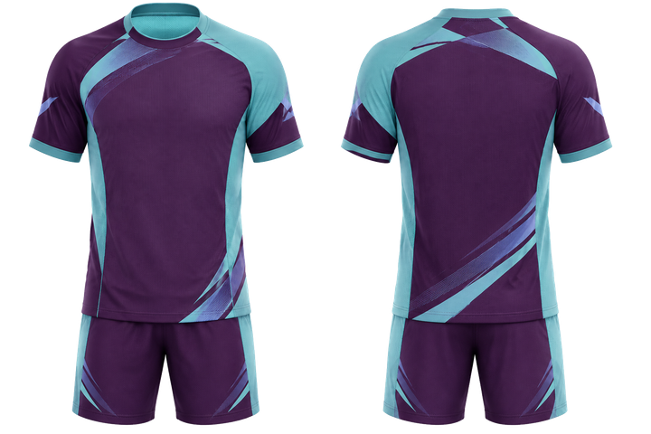 Front and back view of plum asymmetric speed panel sweep handball indoor match uniform