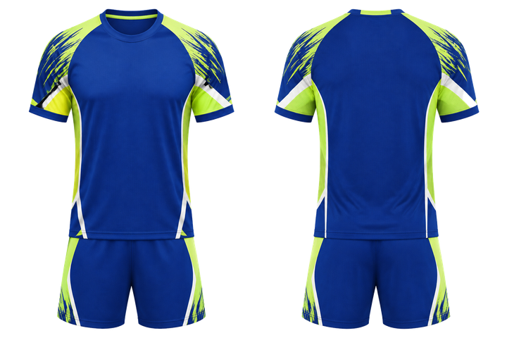 Front and back view of royal blue bold sleeve to side bridge handball indoor match uniform